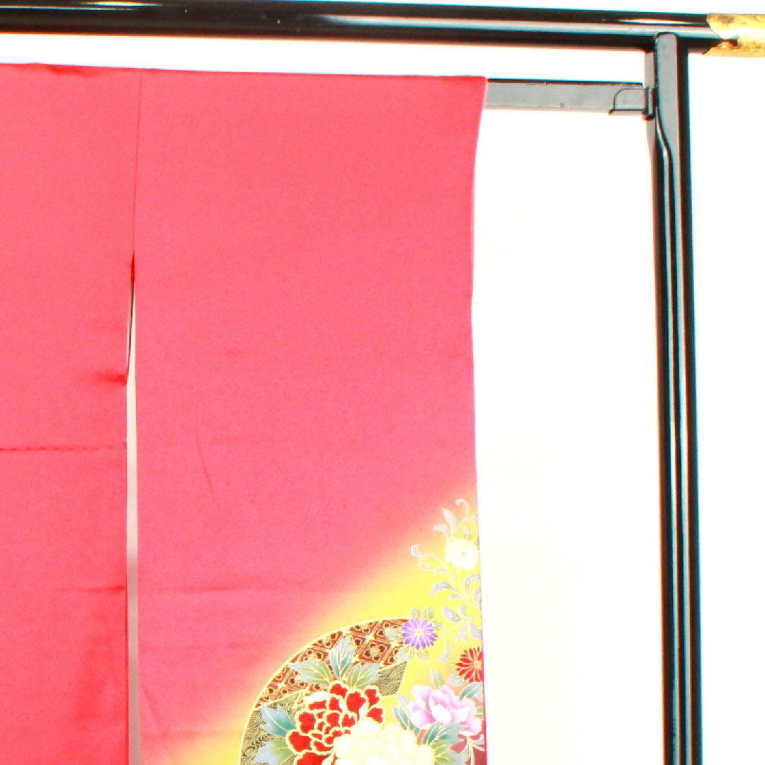 振袖 身丈153.5cm 裄丈63cm 袷  赤紅色 京友禅 草花模様  正絹 Aランク 赤系 1113001523212