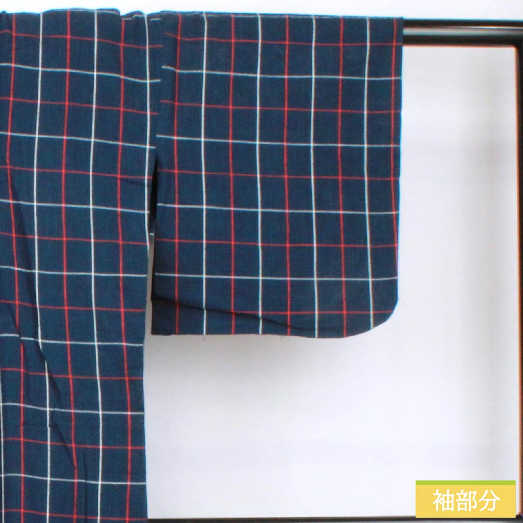 Cotton Yukata, Length 142cm, Sleeve Length 63cm, Rank B, Single Layer, Navy Blue, Shijira Weave, Red and White Check Pattern, 1118005834118