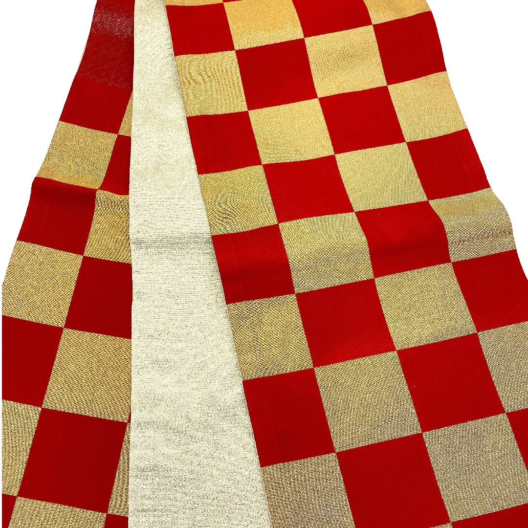 Gold-colored Fukuro Obi for Furisode, Checkered, Length 440cm, Pure Silk, S-Rank, Six-way, Formal, Gold-based, 1123006222321