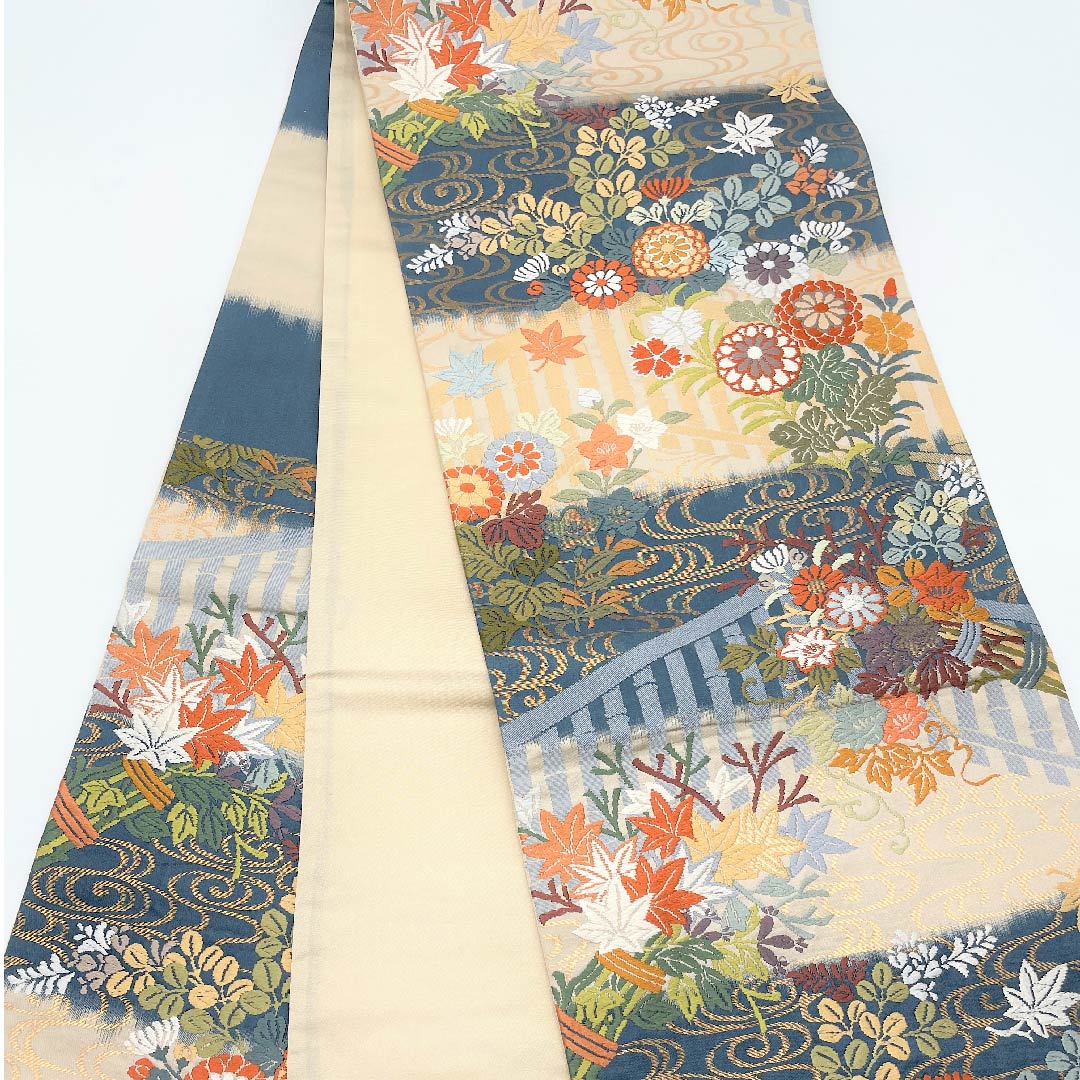 袋帯 薄縹色（うすはなだいろ） 象牙色（ぞうげいろ） 唐織 花柴竹垣紋 帯丈432cm 正絹 Aランク 六通 セミフォーマル グラデーション系 1123005353399
