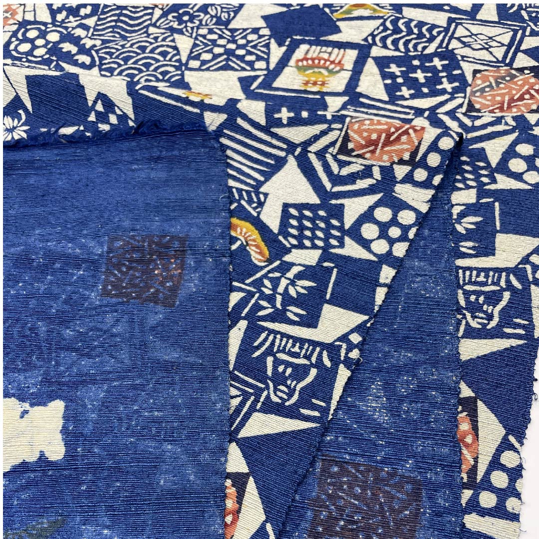 [Unsewn] Nagoya obi, genuine silk, NEW rank, dark purplish blue (konkikyōiro), Hama chirimen, geometric pattern, squares, obi length 370cm, full pattern, casual, navy blue, 1124004691318