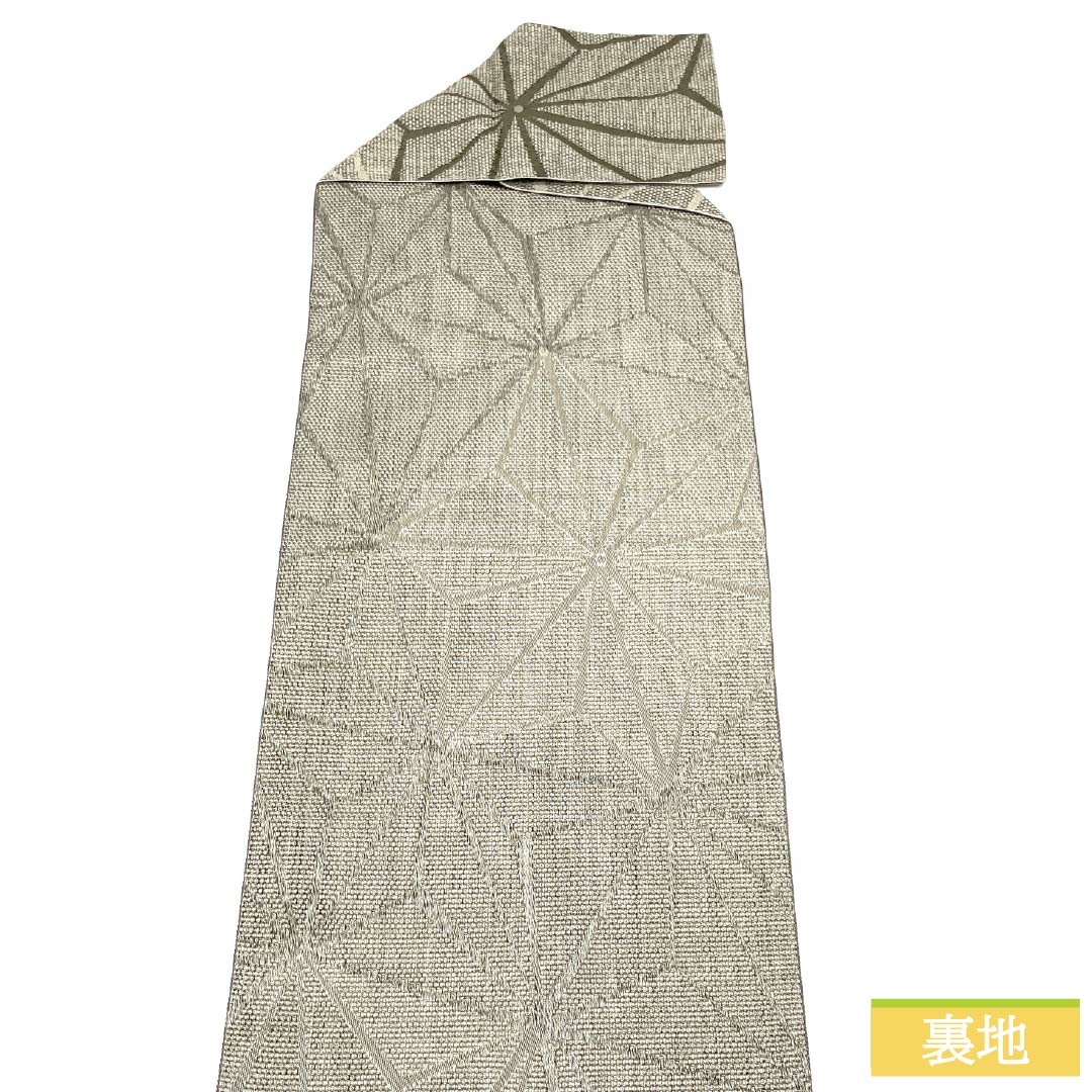 名古屋帯 ポリエステル Sランク 江戸鼠色（えどねずいろ） 麻の葉 帯丈369cm 全通 カジュアル グレー系 1124009172322 松葉仕立て
