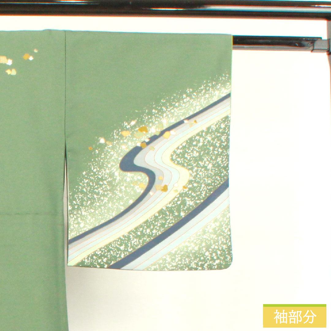 Homongi (formal kimono) made of polyester, lined, length 160.5cm, sleeve length 66cm, Chigusairo (chigusai-iro), washable kimono, flowing water, A rank, green, 1112004603419
