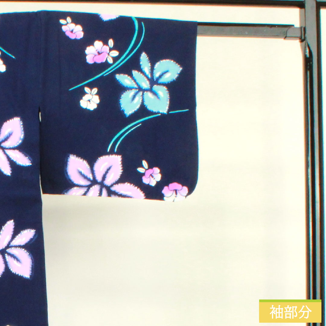 Yukata Cotton Length 156cm Sleeve length 64.5cm S rank Single layer Navy Deep navy Iris Camellia 1118005182318