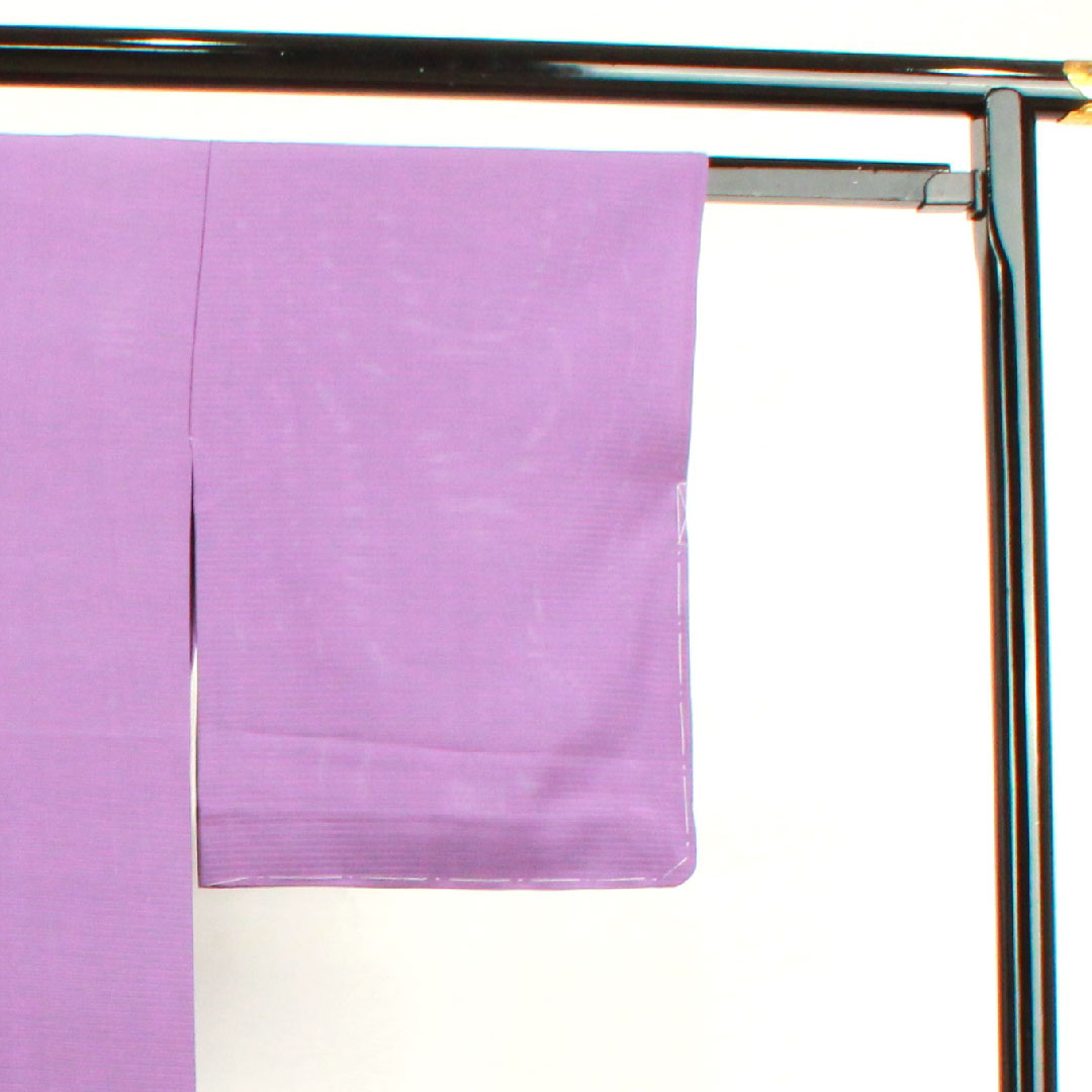 Summer item, pure silk, plain color, length 156.5cm, sleeve length 62cm, aoi-iro (blue color), plain color, left three-leaf kimono pattern, with basting thread, silk, S rank, purple, 1132001712320