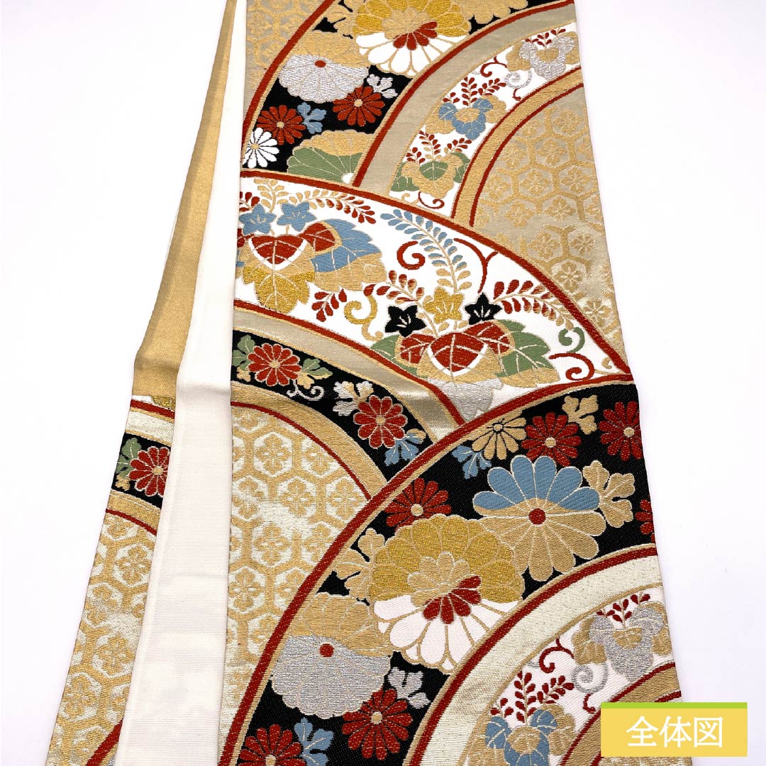 （未仕立）袋帯 正絹 Aランク 亀甲 振袖用 吉祥文様 桐  帯丈420cm 六通 フォーマル 金系 1123014203321