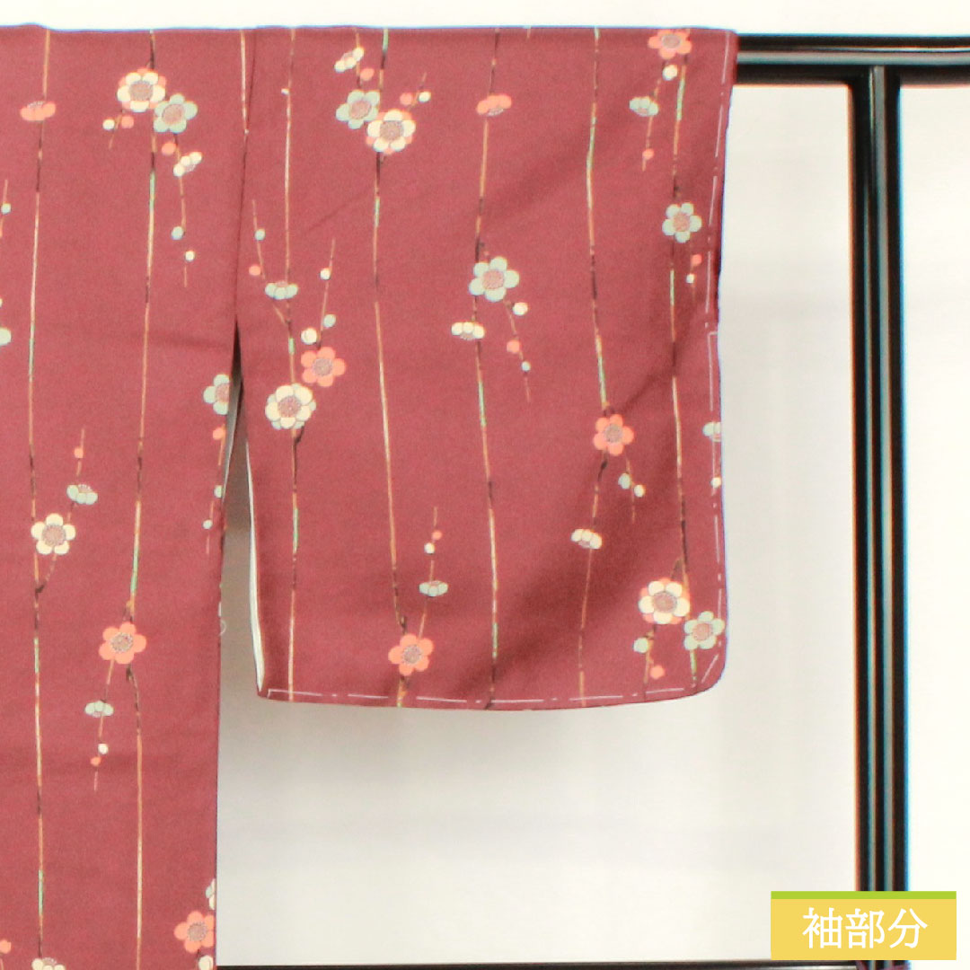 小紋 ポリエステル 身丈162cm 裄丈65.5cm 袷 紫土色（しどいろ） 洗える着物 梅 しつけ糸付き Aランク 紫系 1115004853420