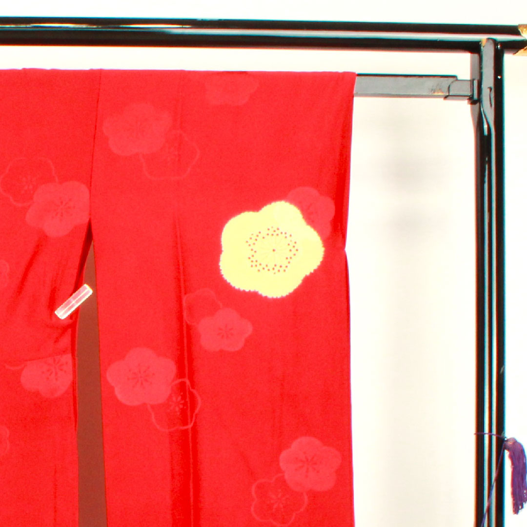 Long undergarment, pure silk, length 120cm, sleeve length 67.5cm, single layer, old red color, for long-sleeved kimono, plum, A rank, red, 1129000293112