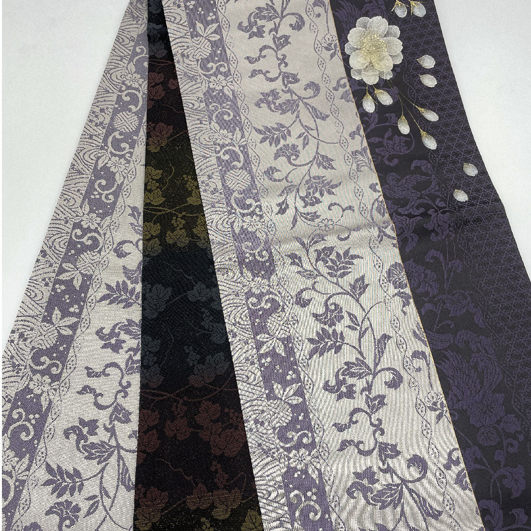 Reversible Fukuro Obi with Sakura Arabesque, Grapes and Phoenix, Length 462cm, Pure Silk, S Rank, Fully Open, Semi-Formal, Gray, 1123004992422