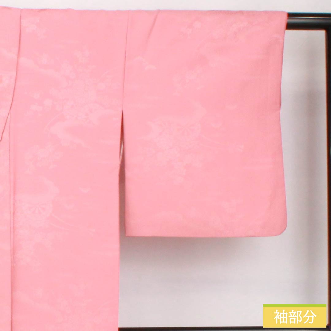 Solid-colored polyester kimono, length 157cm, sleeve length 64cm, single-layer plum-colored (hitoeumeiro) woven with silk brocade and featuring a flower cart, washable, lined, A-rank, pink, product number 1114002133313