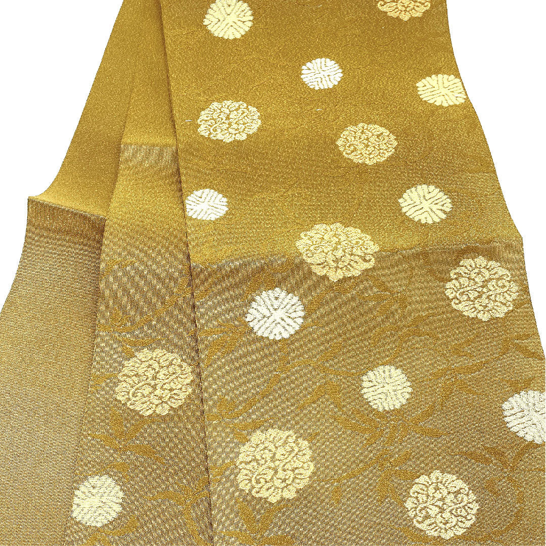 Nagoya obi, genuine silk, NEW rank, pine needle crests, Matsuba tailoring, obi length 368cm, Rokutsu, semi-formal, yellow-ochre, 1124001281323