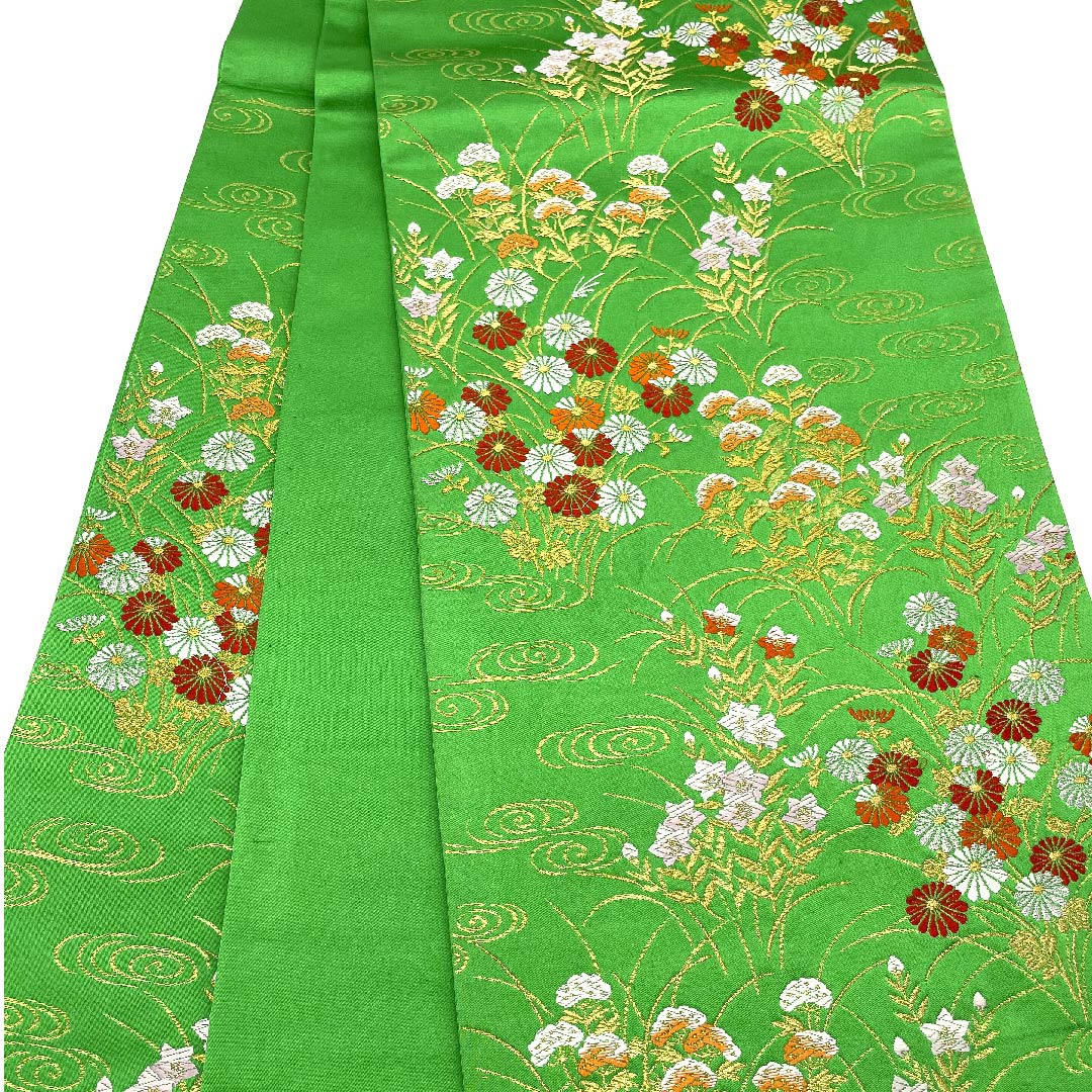 Fukuro Obi (light blue obi) Kanze Ryusui (water flowing stream), bellflower, chrysanthemum, pine, obi length 432cm, pure silk, S rank, six-pass, formal, green, 1123007012319