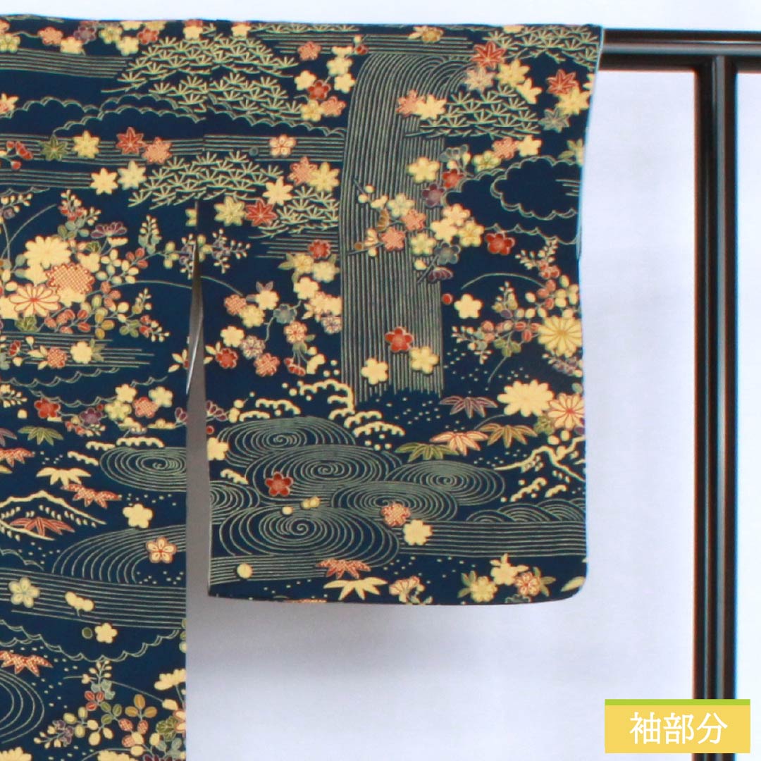 Visiting Kimono, Pure Silk, Grade A, Lined, Length 160cm, Sleeve Length 64.5cm, Navy Blue, Stencil Dyed, Flowing Water, Small Flowers, Navy Blue, Item Number: 1112006913418