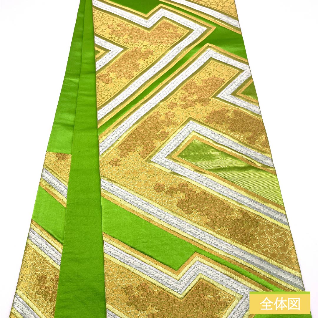 Yellow-green fukuro obi (sash) for furisode (long-sleeved kimono) made of pure silk by Hattori Orimono, featuring Shiratori Tsuzuriko. Length: 415cm. A-rank. Six-fold obi. Formal. Green. Product number: 1123014473319