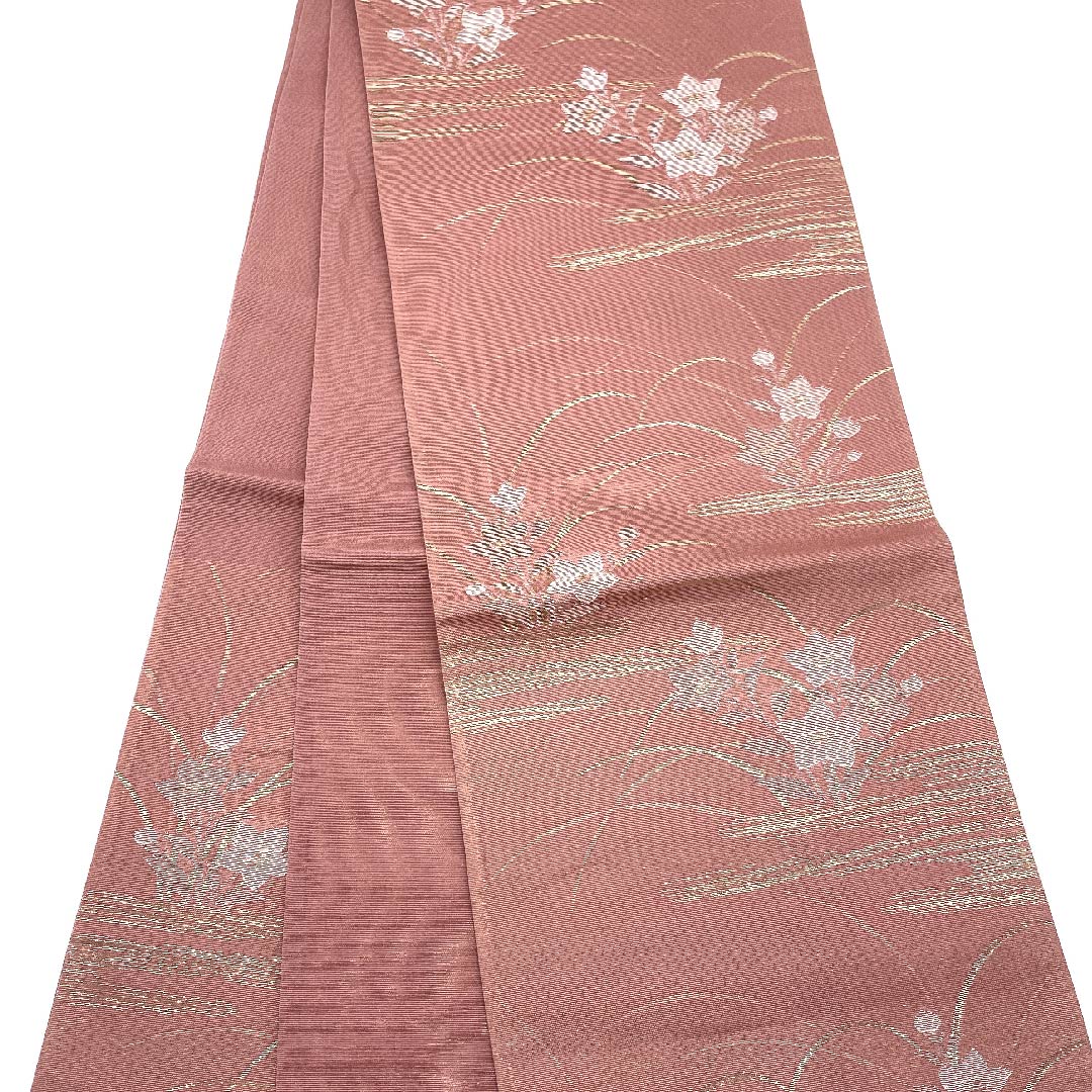 袋帯 浅蘇芳色（あさきすおういろ） 夏帯 桔梗 露芝 夏物 帯丈432cm 正絹 Aランク 六通 フォーマル ピンク系 1123007663313