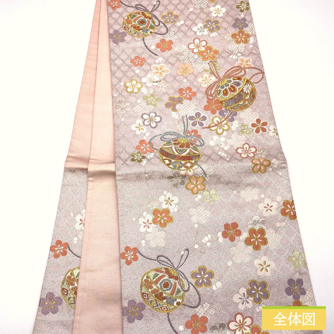 Formal pink obi, made of pure silk in a faded crimson color, featuring a ball and floral pattern, suitable for furisode kimono. Length: 436cm, A-rank, six-fold hem, pink. Product number: 1123014703313