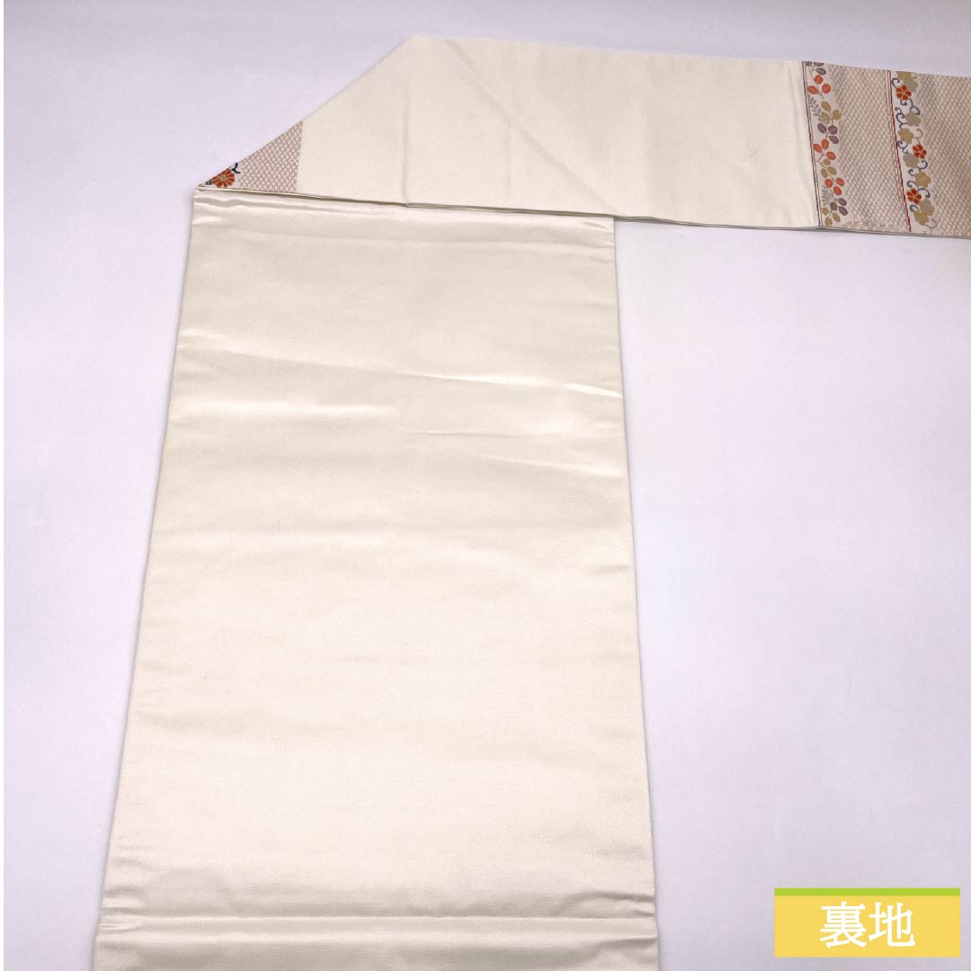Nagoya Obi, Pure Silk, Grade B, Gofun-iro (White Powder-Colored), Chinese Flower Pattern, Horizontal Stripes, Pointed Pattern, Semi-Formal, 358cm Long, White, Item Number 1124009604311, Nagoya Style