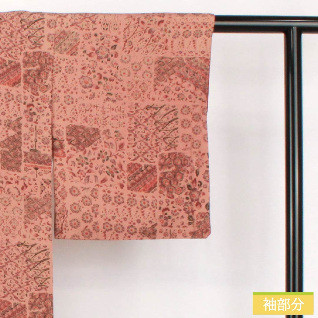 小紋 正絹 Sランク 身丈153.5cm 裄丈63.5cm 袷 緋褪色（ひさめいろ） 更紗 朱系 1115007532216