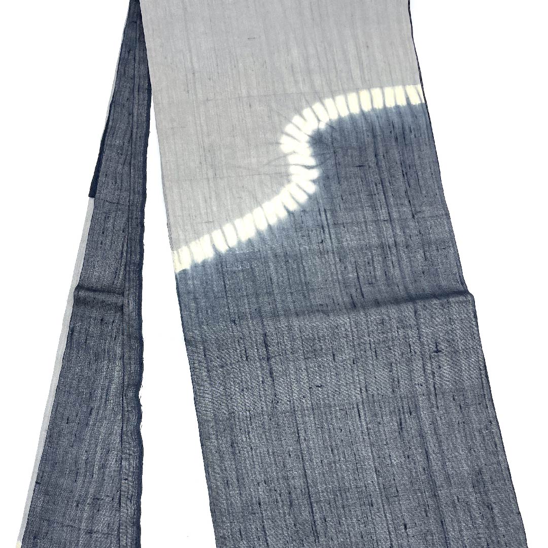 名古屋帯 鋼色 夏帯 紗 絞り 抽象模様 絞り 帯丈370cm 正絹 Aランク ポイント柄 カジュアル グラデーション系 1124004493399  開き仕立て