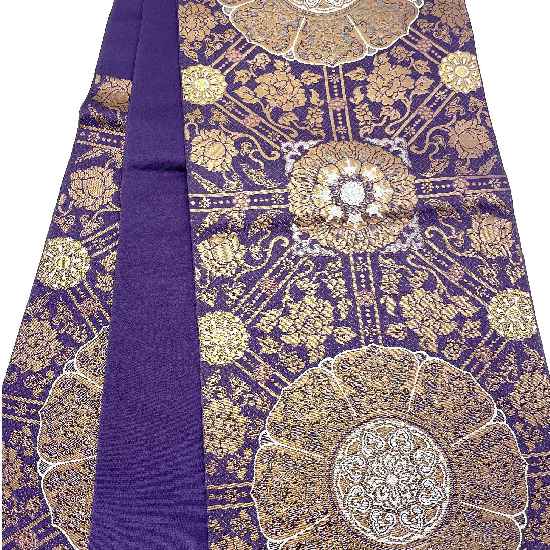 袋帯 葡萄紫色（ぶどうむらさきいろ） 華文 幾何学模様 帯丈428cm 正絹 Aランク 六通 フォーマル 紫系 1123006983320