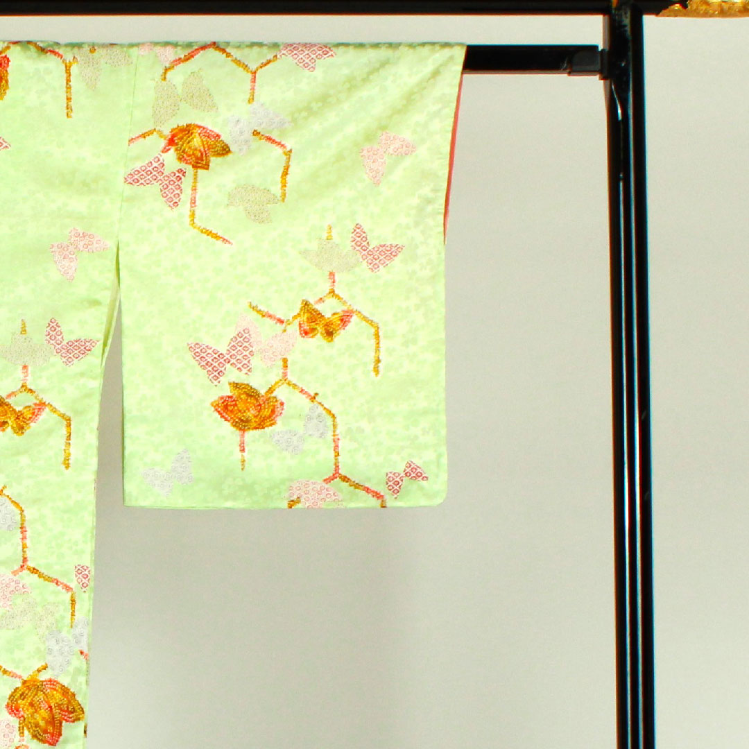Small pattern, Length 161cm, Sleeve length 66cm, Awase, Butterfly and tortoiseshell pattern, Washable kimono, Polyester, B rank, Green, 1115001014319