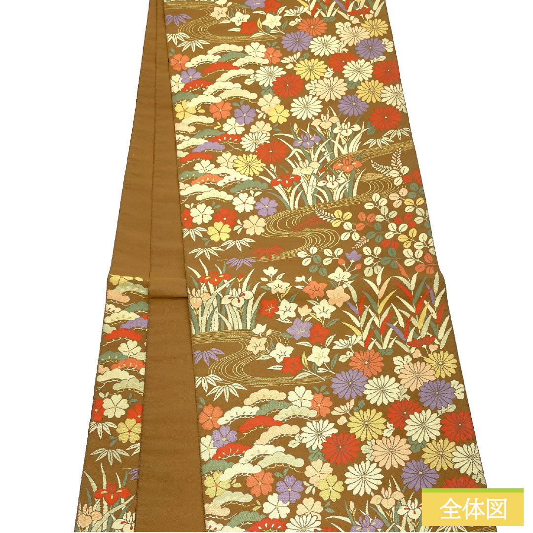 A-Rank Pure Silk Obi with Shoba Weave, Flowing Water and Floral Pattern, Length 432cm, Six-Ply, Semi-Formal, Brown, Product Number: 1123016743314
