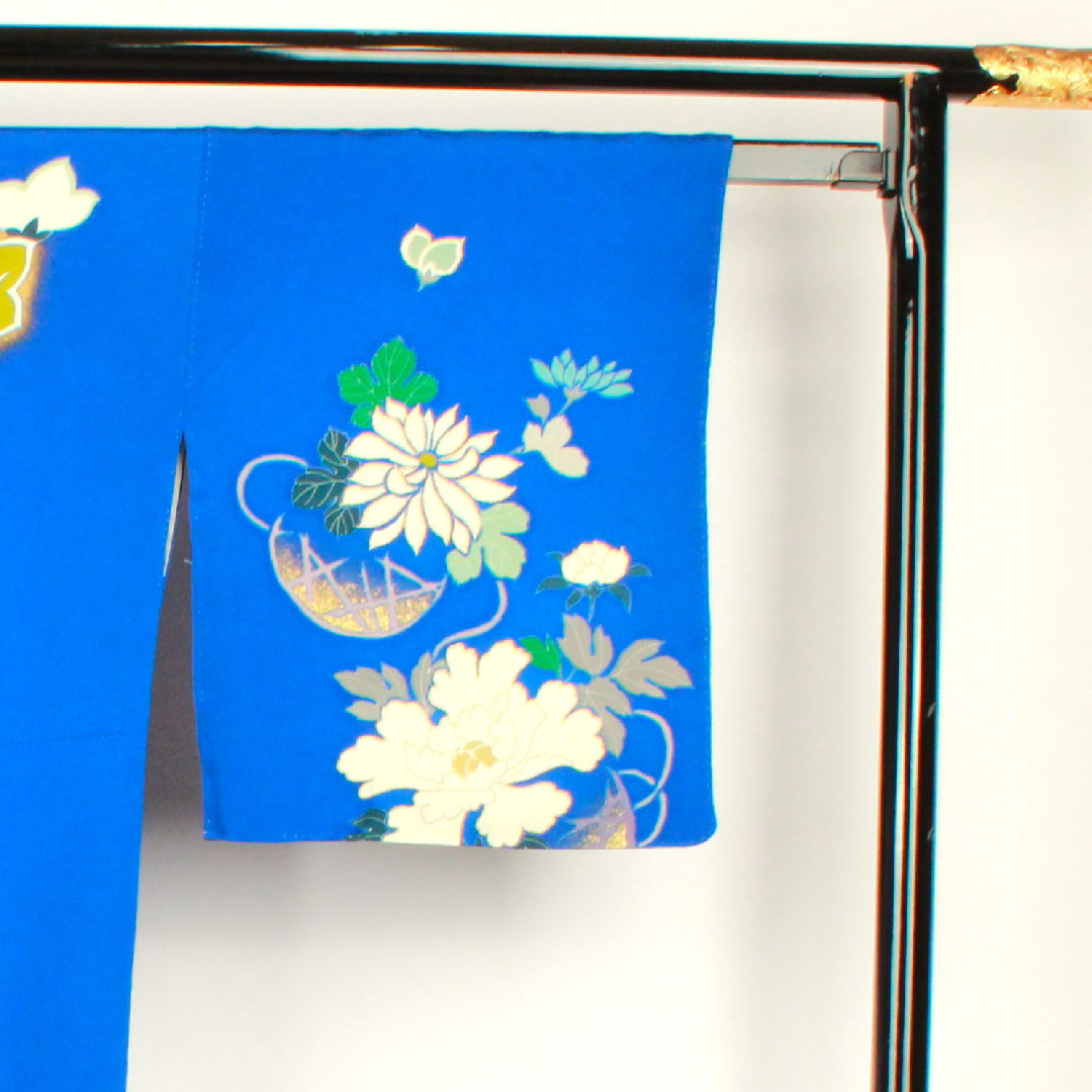 訪問着 袷 身丈163cm 裄丈68cm 瑠璃紺色 桜 菊 椿 正絹 Aランク 青系 1112001683417