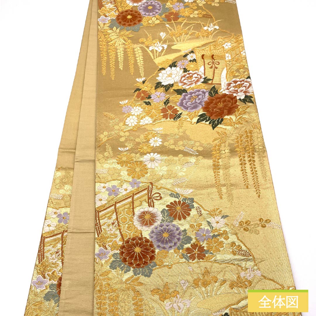 Formal, pure silk obi for formal kimono, featuring a Goshoguruma (imperial carriage) design, wisteria flowers, and peonies. Length: 416cm. S rank. Six-fold hem. Gold accents. Product number: 1123014512321.