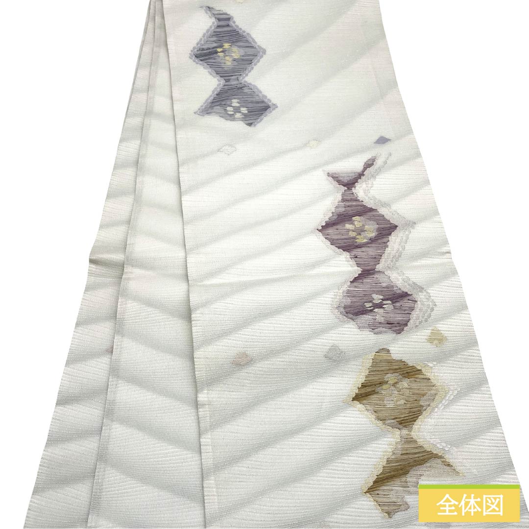 袋帯 ポリエステル Aランク 卯の花色（うのはないろ） 夏帯 幾何学模様 古典柄 帯丈441cm 六通 セミフォーマル 白系 1123017463311