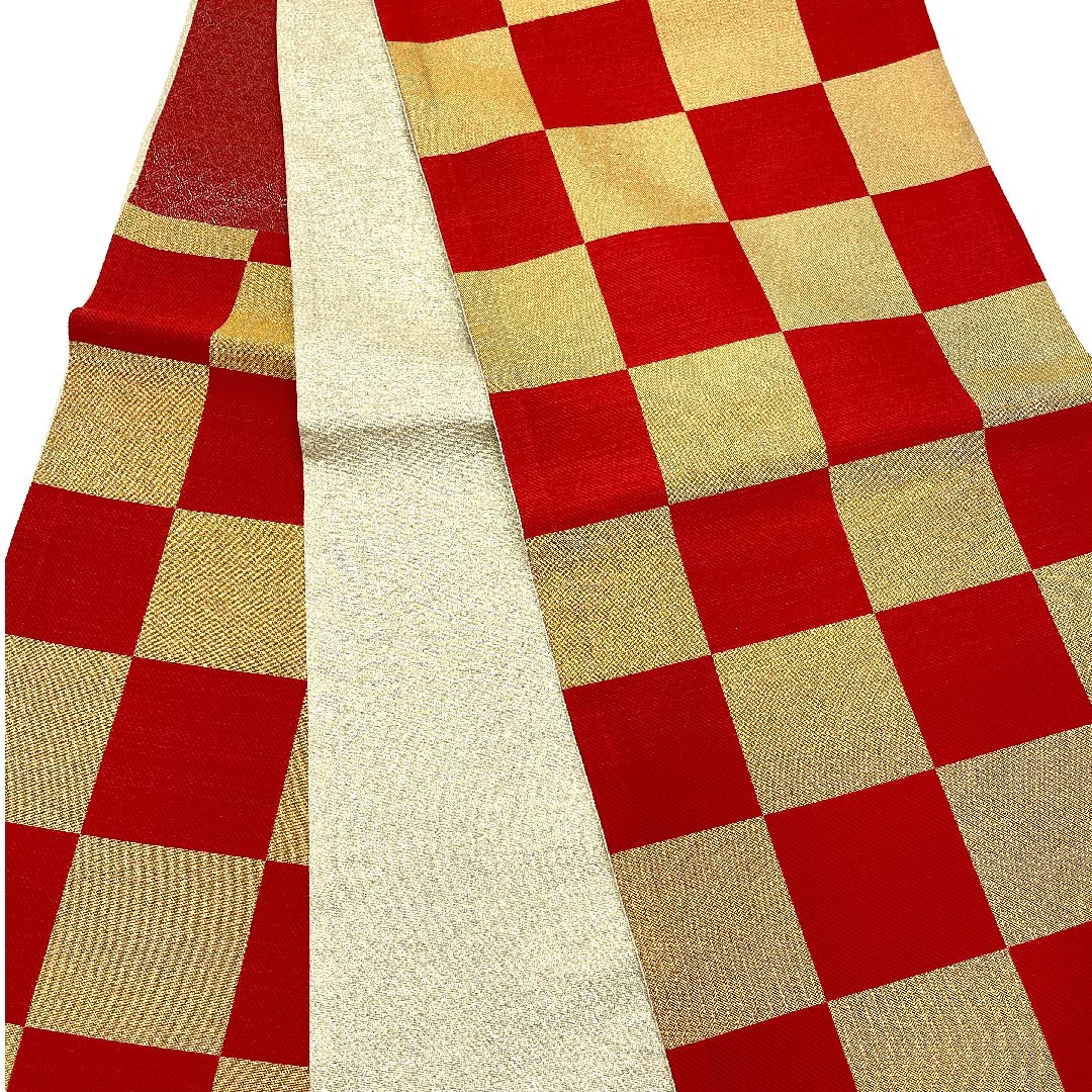 Gold-colored Fukuro Obi for Furisode, Checkered, Length 440cm, Pure Silk, S-Rank, Six-way, Formal, Gold-based, 1123006252321