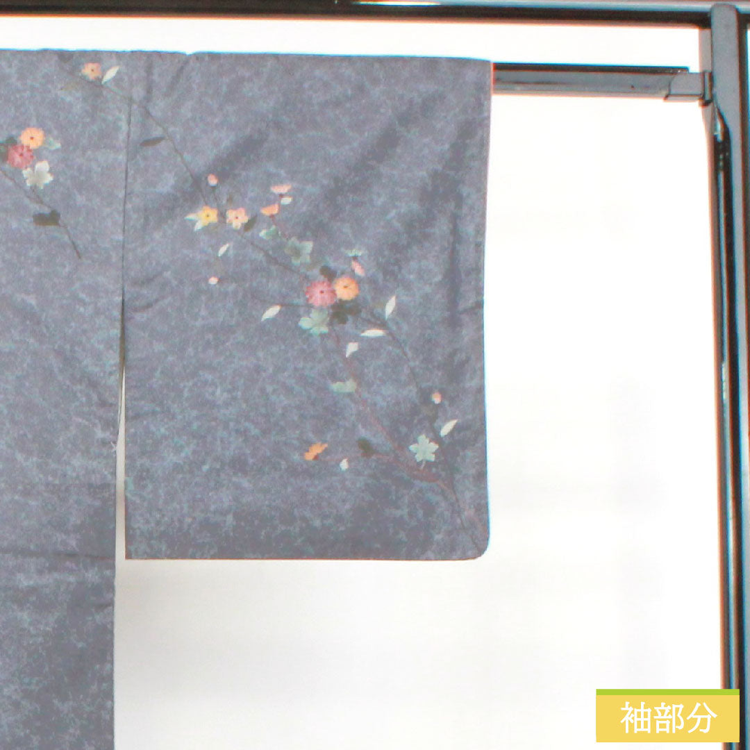 Homongi, pure silk, lined, length 161cm, sleeve length 63cm, grayish blue, Oshima Tsumugi, floral pattern, artist's work, A rank, gray, 1112004013422