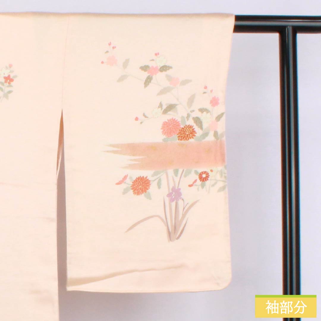 Visiting Kimono, Pure Silk, S Rank, Lined, Length 163.5cm, Sleeve Length 67cm, Light Color (Usunikuiro), Kyoto Yuzen, Plant Pattern, Orange, with Basting Thread, Product Number: 1112006672426