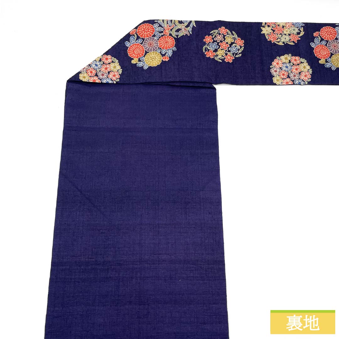 Nagoya Obi, Pure Silk, S-Rank, Gold-Blue, Stencil-Dyed, Flower and Circle Pattern, Autumn Leaves, Length 378cm, Full Length, Casual, Navy Blue, Item Number 1124009732318, Nagoya Style