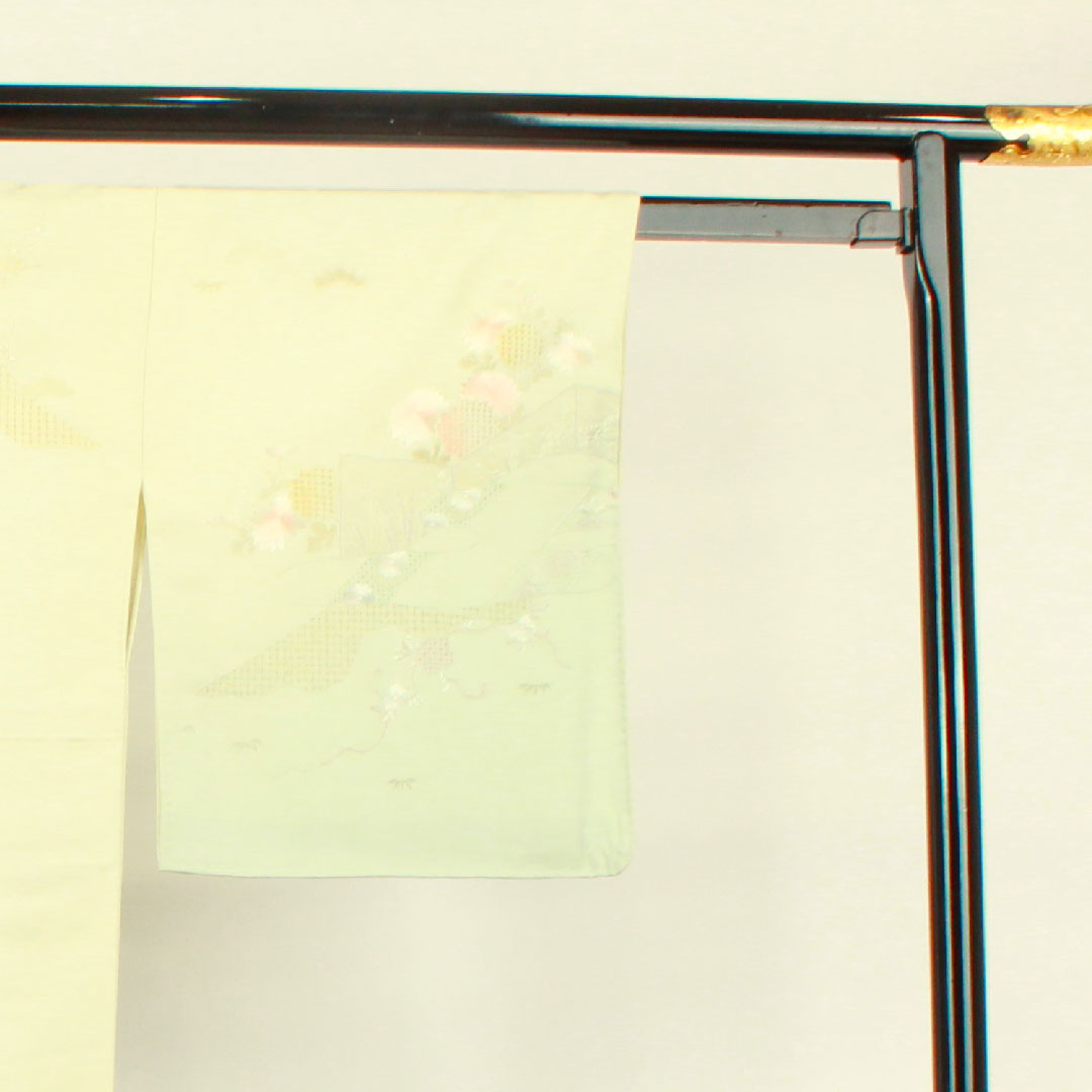 訪問着 袷 身丈159.5cm 裄丈65cm 翠山刺繡 利休白茶色 汕頭刺繡 蘇州刺繡 片喰 正絹 Sランク 緑系 1112002242319
