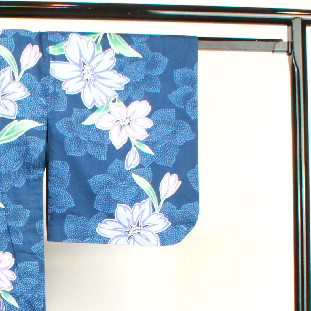 Yukata, Korean blue, azalea, cotton, S rank, single layer, length 165cm, sleeve length 66cm, navy blue, 1118003602518