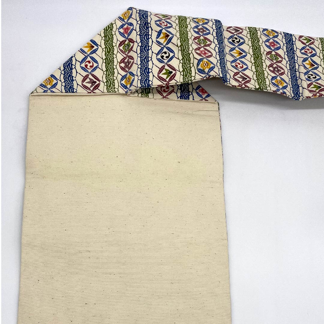 Nagoya obi, natural color, genuine bingata, circle with flower pattern, obi length 330.5cm, cotton, S rank, full length, casual, cream color, 1124003652315, Nagoya style