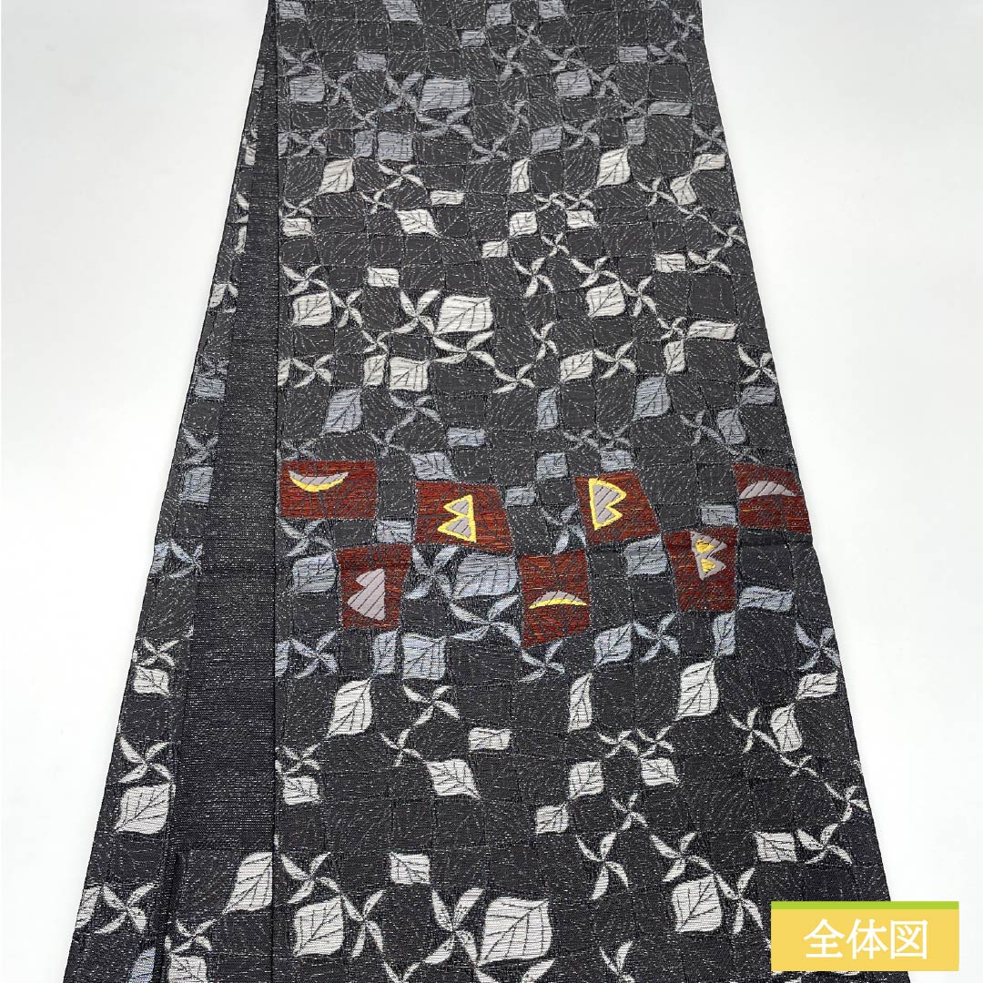 Reversible Fukurokuju Obi (Sekiban-iro) Silk Obi by Hondaya Genbei, featuring an owl and floral motif. Length: 454cm. S-Rank. Casual, gray accents. Product code: 1123013212422