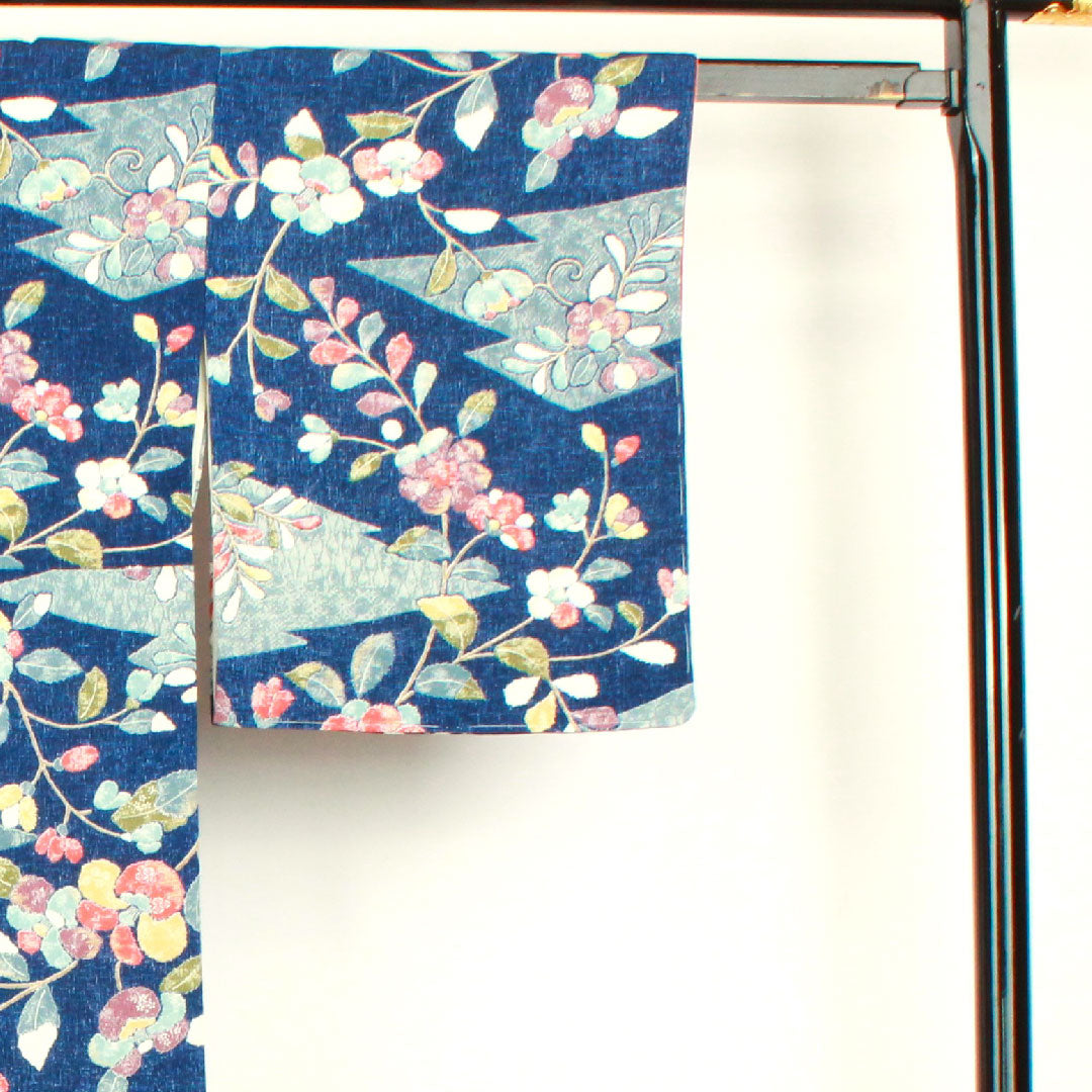 小紋 身丈158cm 裄丈64cm 袷  紺桔梗色 草花模様  正絹 Sランク 紺系 1115002512318
