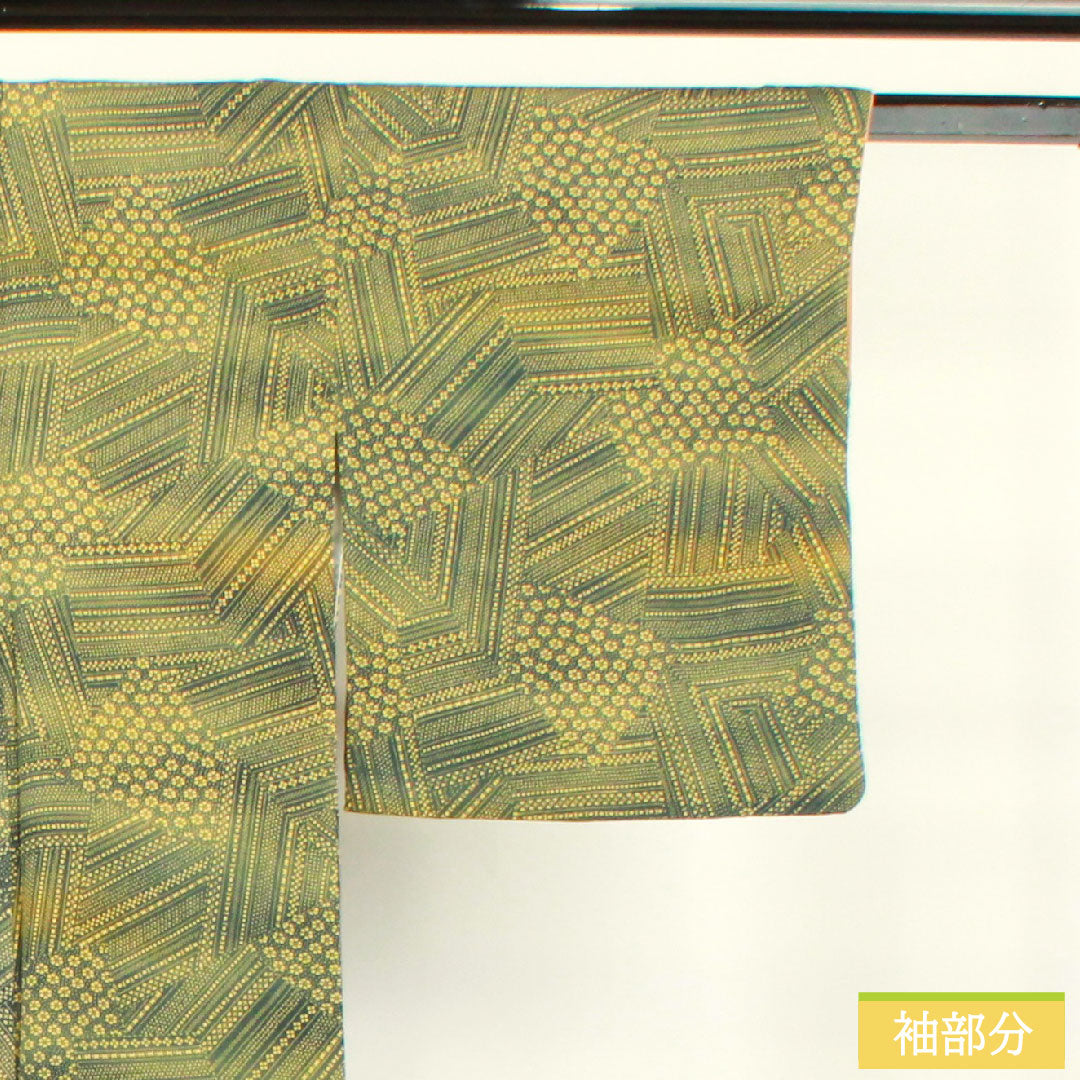 Komon, pure silk, length 148.5cm, sleeve length 61cm, lined, Oribe color, abstract pattern, split pattern, S rank, green, 1115004392119