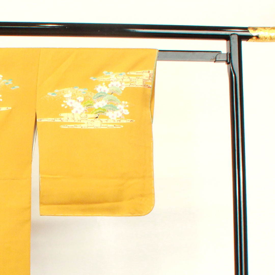 Homongi, lined, length 158.5cm, sleeve length 61.5cm, tan, Kyo-Yuzen, cherry blossom, pure silk, S rank, yellow, 1112002212323