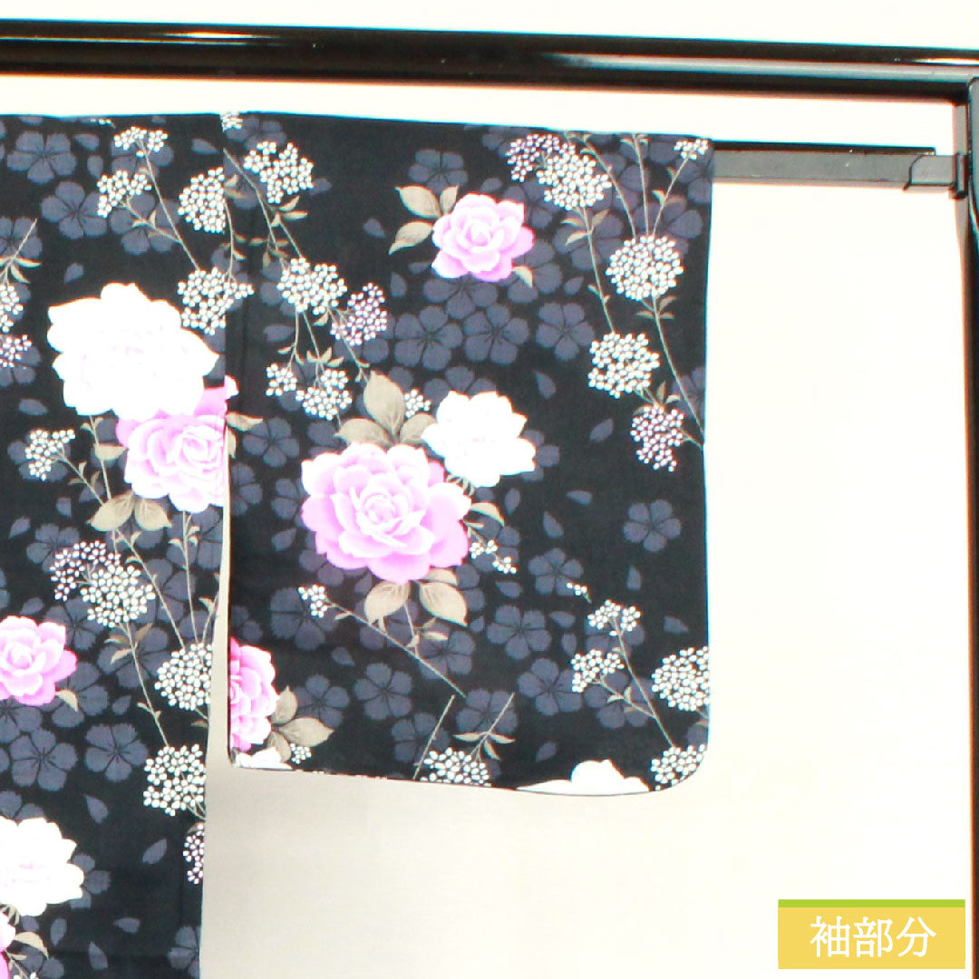 浴衣 木綿 身丈159cm 裄丈64.5cm Bランク 単衣 黒系 薔薇 カスミソウ 桜 1118004554310