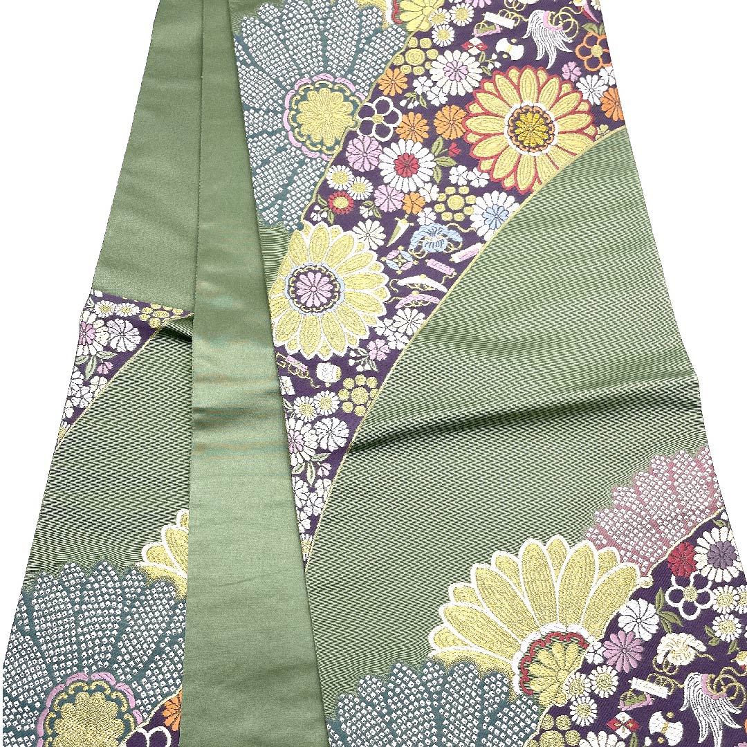 Fukuro Obi (wasabi color) with treasures and floral patterns, Takashima Orimono, obi length 435cm, pure silk, S rank, six-pass, semi-formal, green, 1123007162319