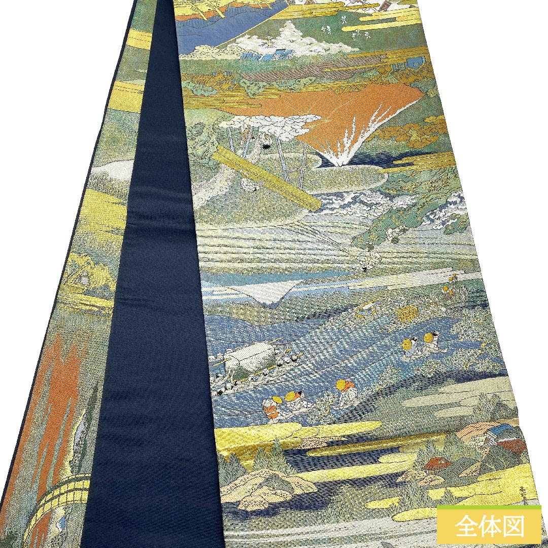 袋帯 正絹 玉虫色 留袖用 時代人物風景模様   帯丈437cm Sランク 全通 フォーマル 緑系 1123010922319