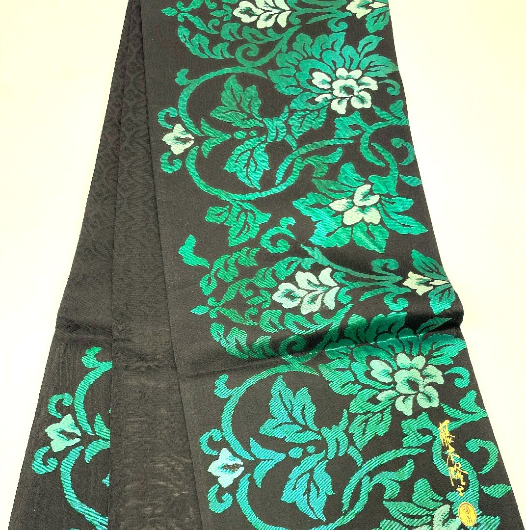 【未仕立】袋帯 正絹 NEWランク 黒色 花唐草 藤本隆士 螺鈿作家  帯丈466cm 六通 フォーマル 黒系 1123009051410