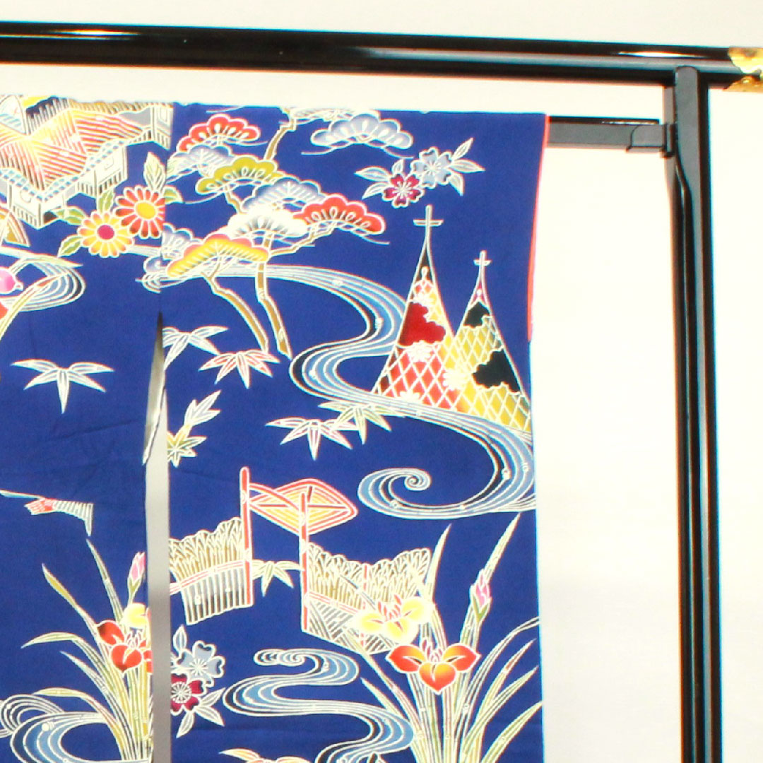 振袖 身丈167.5cm 裄丈68cm 袷  瑠璃色 京紅型 吉祥文様  正絹 Aランク 紺系 1113001773518