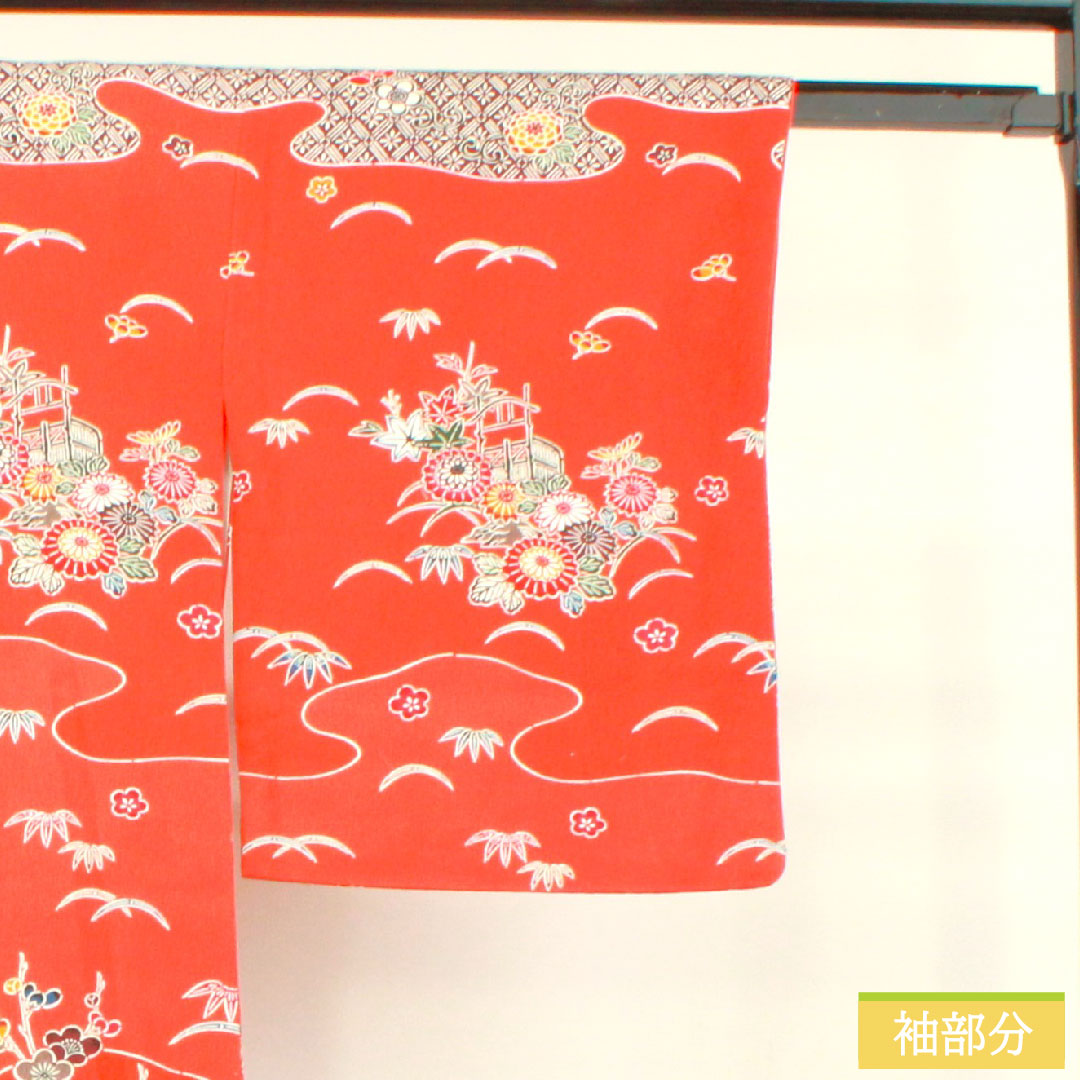 Homongi, pure silk, lined, length 163cm, sleeve length 64.5cm, scarlet, Kyoto Bingata, auspicious motif, S rank, vermilion, 1112004072416