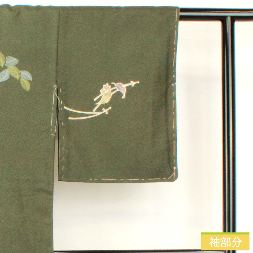 Homongi (formal kimono) made of polyester, lined, length 165cm, sleeve length 63cm, indigo sea pine brown, washable kimono, Matsuba, A rank, green, 1112005843519