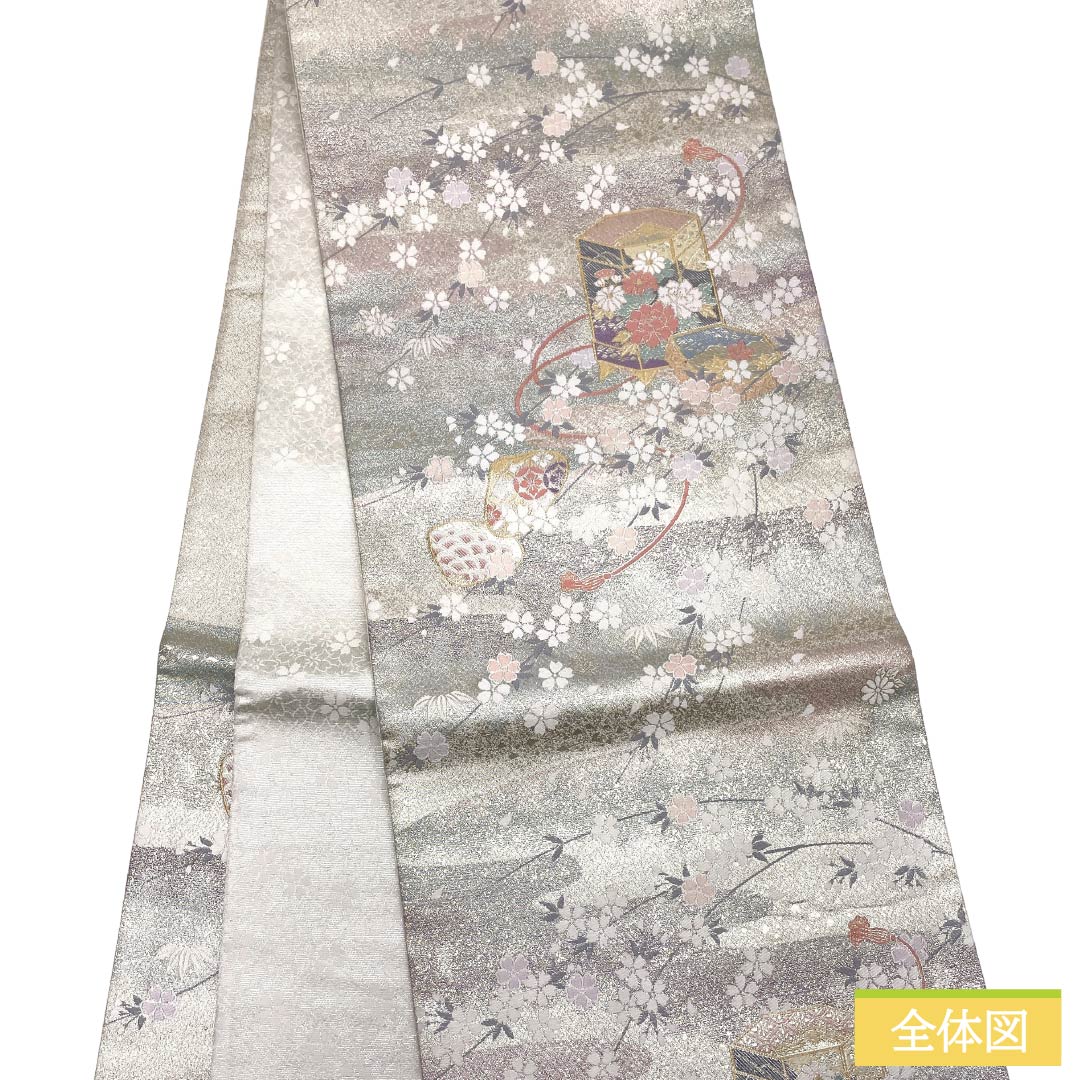 袋帯 正絹 Sランク 西陣織 貝桶 貝合わせ 花 帯丈434cm 六通 フォーマル 銀系 1123017692322