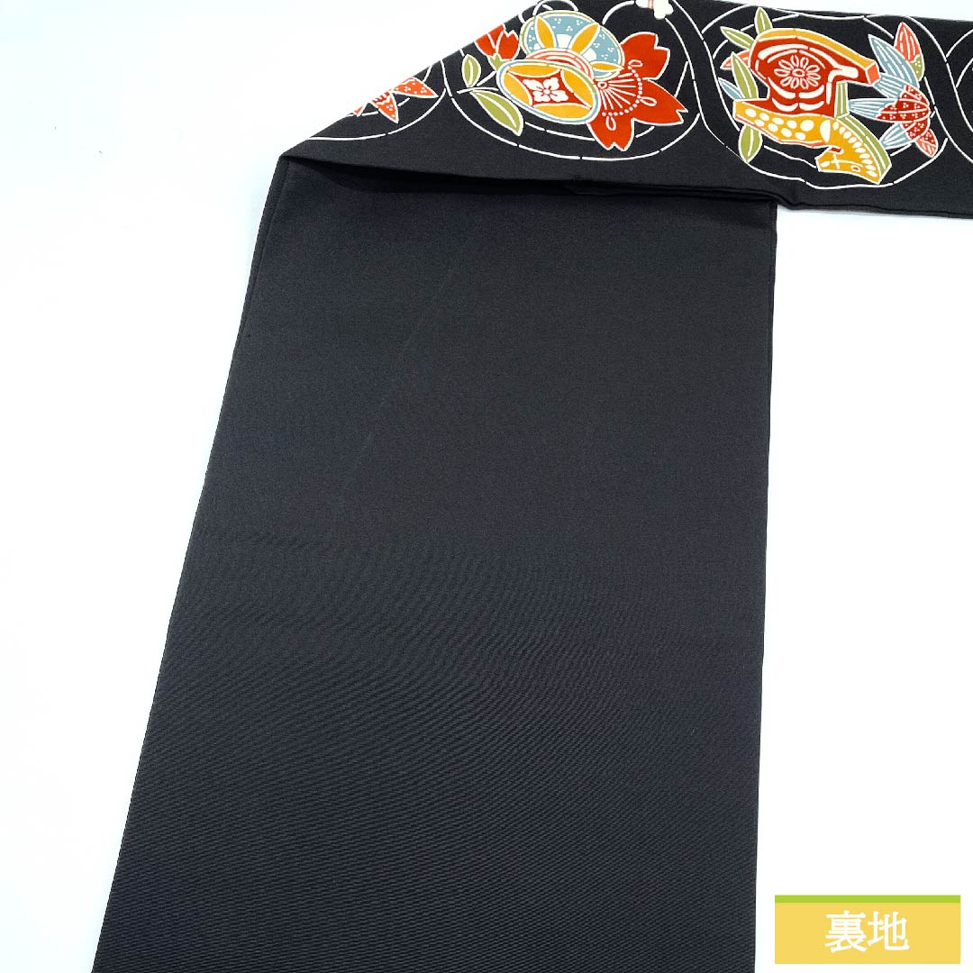 Nagoya obi, black, stencil dyeing, Kyoto Bingata, drum, thread winding, butterfly, toy, obi length 368cm, pure silk, S rank, full length, casual, black, 1124005882310, Nagoya style