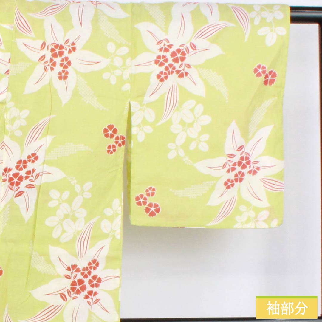 Cotton Yukata, Length 161.5cm, Sleeve Length 66cm, S Rank, Single Layer, Green, Wakame-iro (Wakame-iro) with Lily and Cosmos Designs, 1118006382419